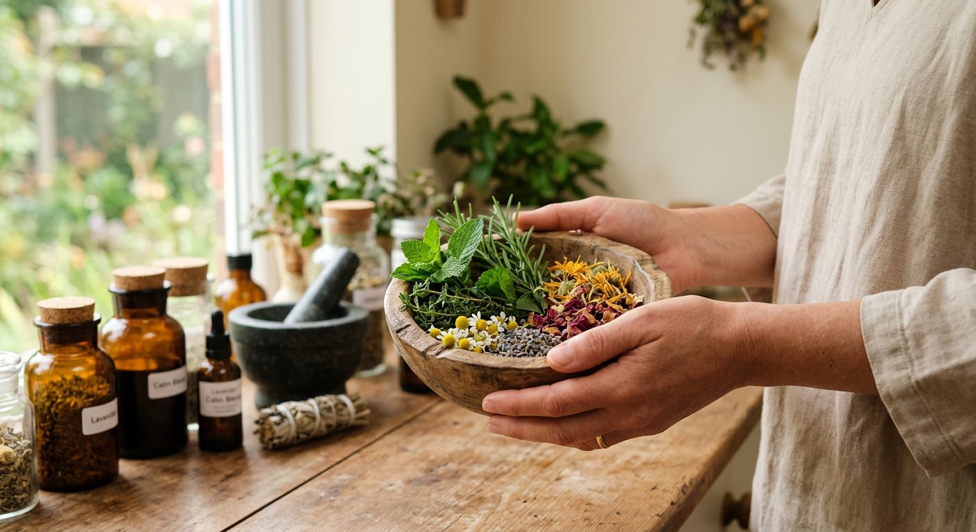 Herbalist preparing fresh botanicals in the practice