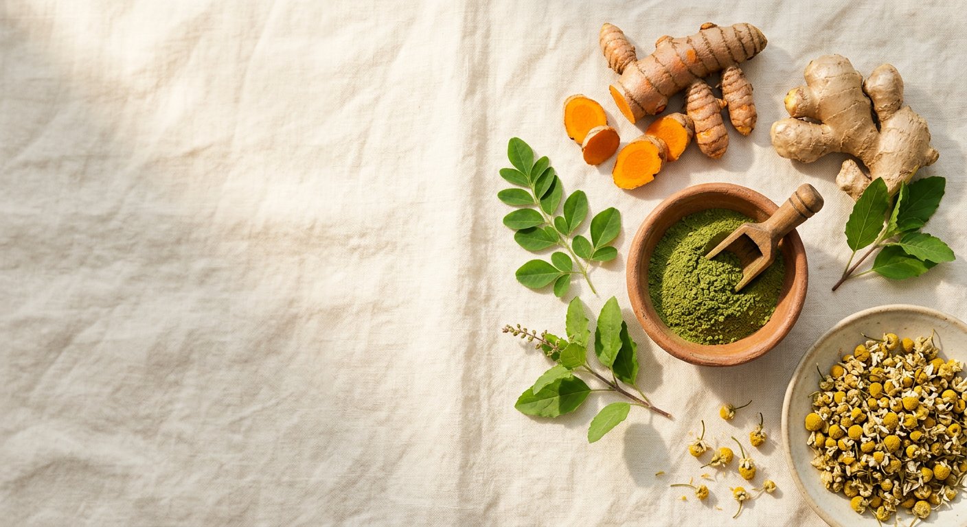 Fresh turmeric, ginger, moringa leaves and herbal powder arranged for natural wellness