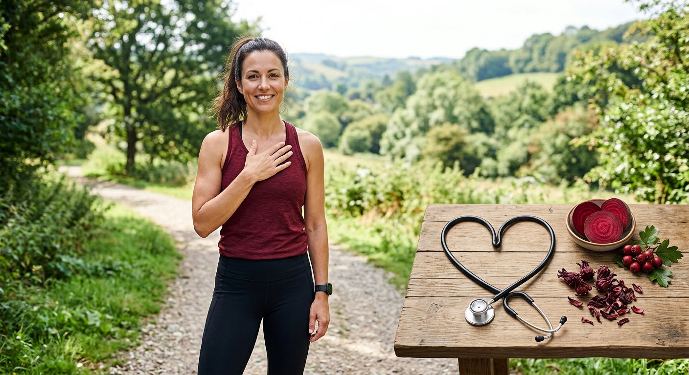 Stethoscope in a heart shape with beetroot, hawthorn and hibiscus for cardio health